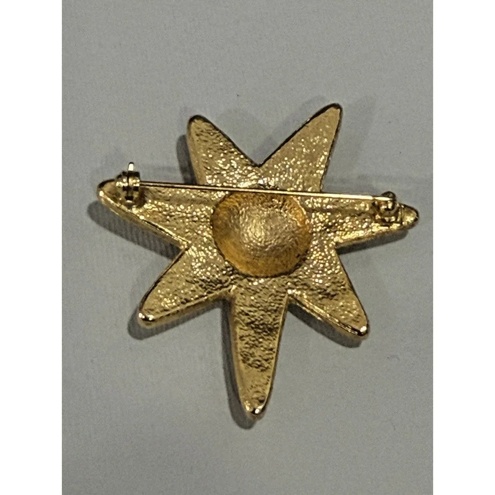Vintage Gold Tone Enamel Starburst Brooch Cream Black Spiral Celestial Sun Pin